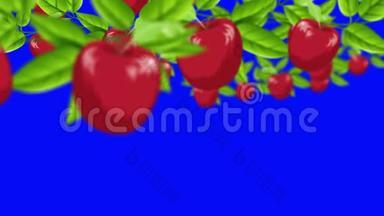 从蓝色屏幕背景上的分支生长的<strong>卡通红苹果</strong>